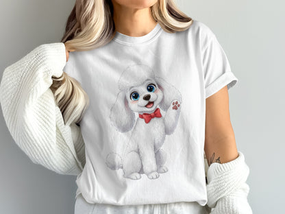 Cute Poodle T-Shirt, Fluffy Dog Graphic Tee, Women's Casual Fashion, White Cotton Top, Animal Lover Gift, Pet Owner Apparel