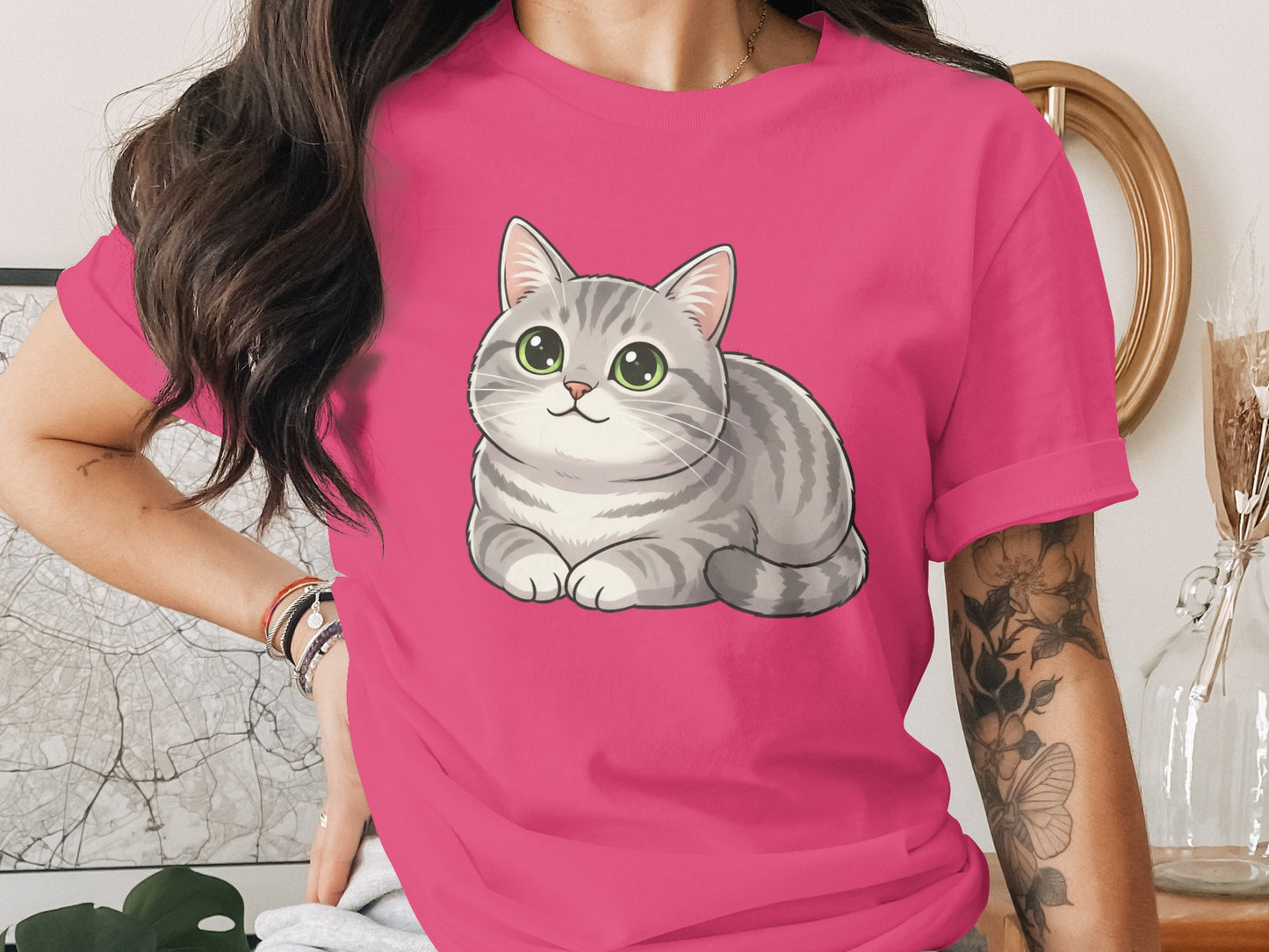 Cute Gray Cat Cartoon Graphic Pink T-shirt product