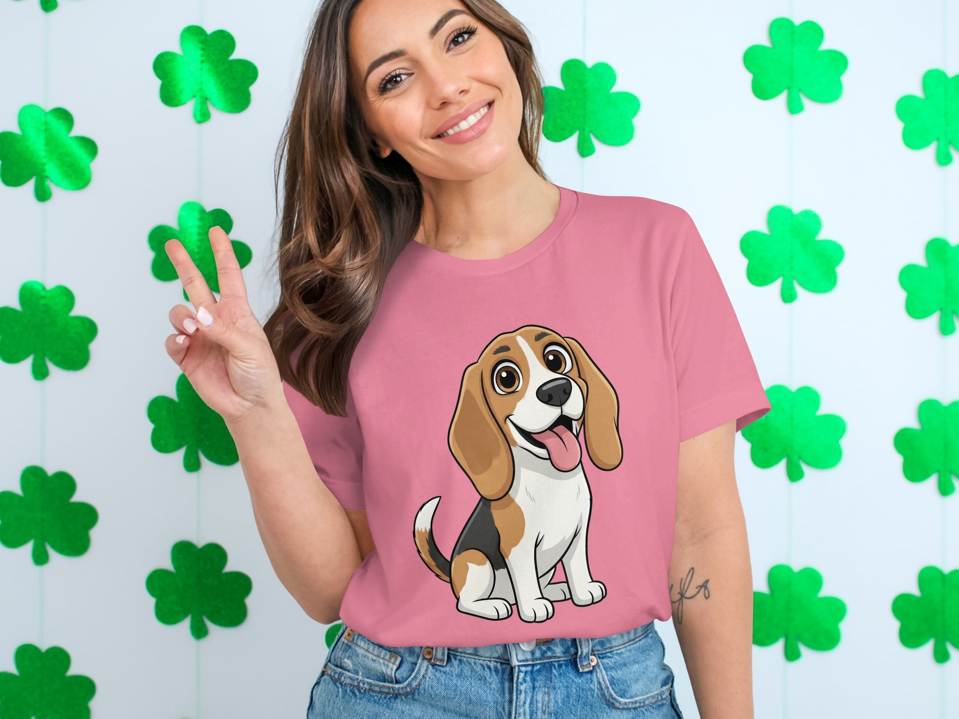 Cute Happy Dog with Clover Background T-Shirt