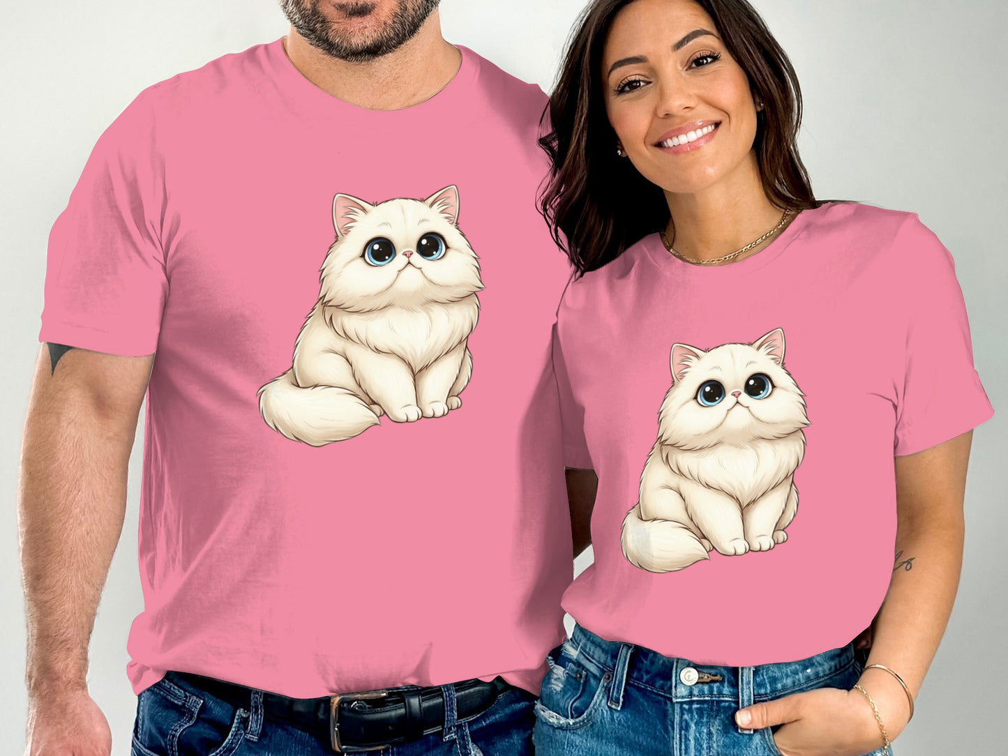 Cute Cartoon Fluffy White Kitten Pink Graphic Shirt