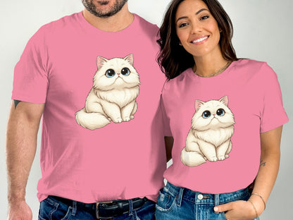Cute Cartoon Fluffy White Kitten Pink Graphic Shirt
