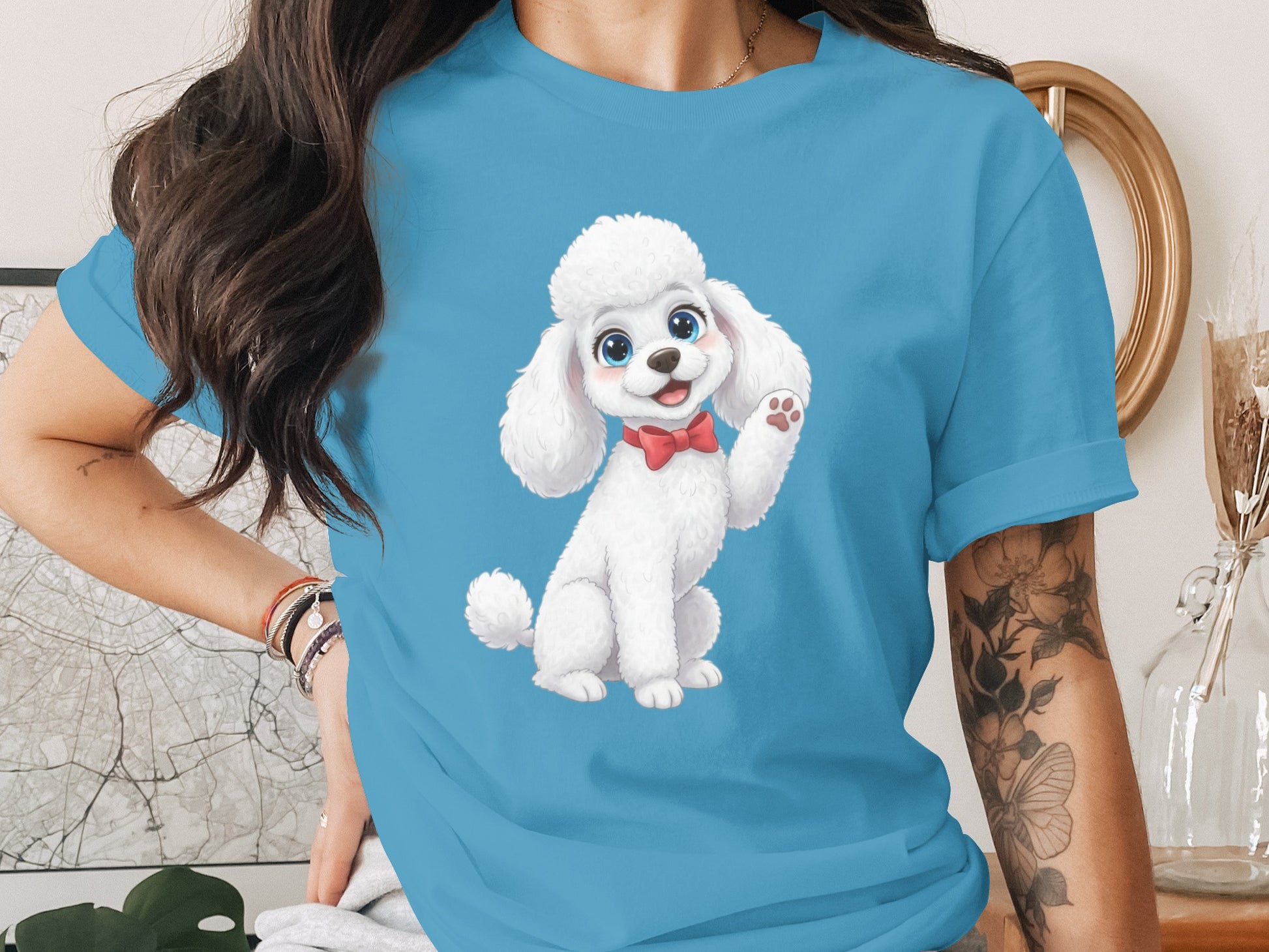 Cute Cartoon Poodle Graphic on Blue T-Shirt