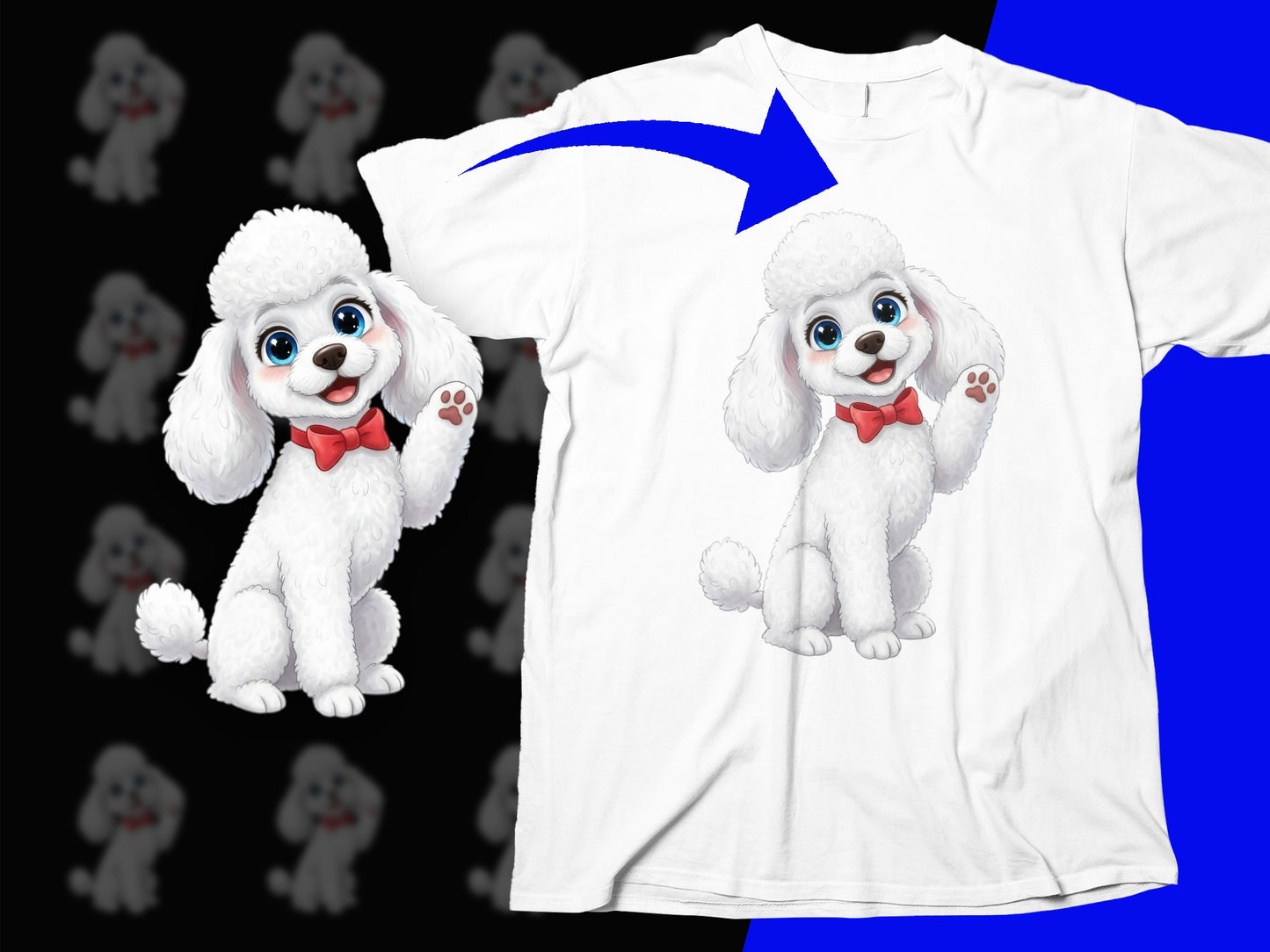 Cute White Poodle T-Shirt with Red Bow, Fun Cartoon Dog Graphic Tee, Soft Cotton Kids and Adult Sizes Available