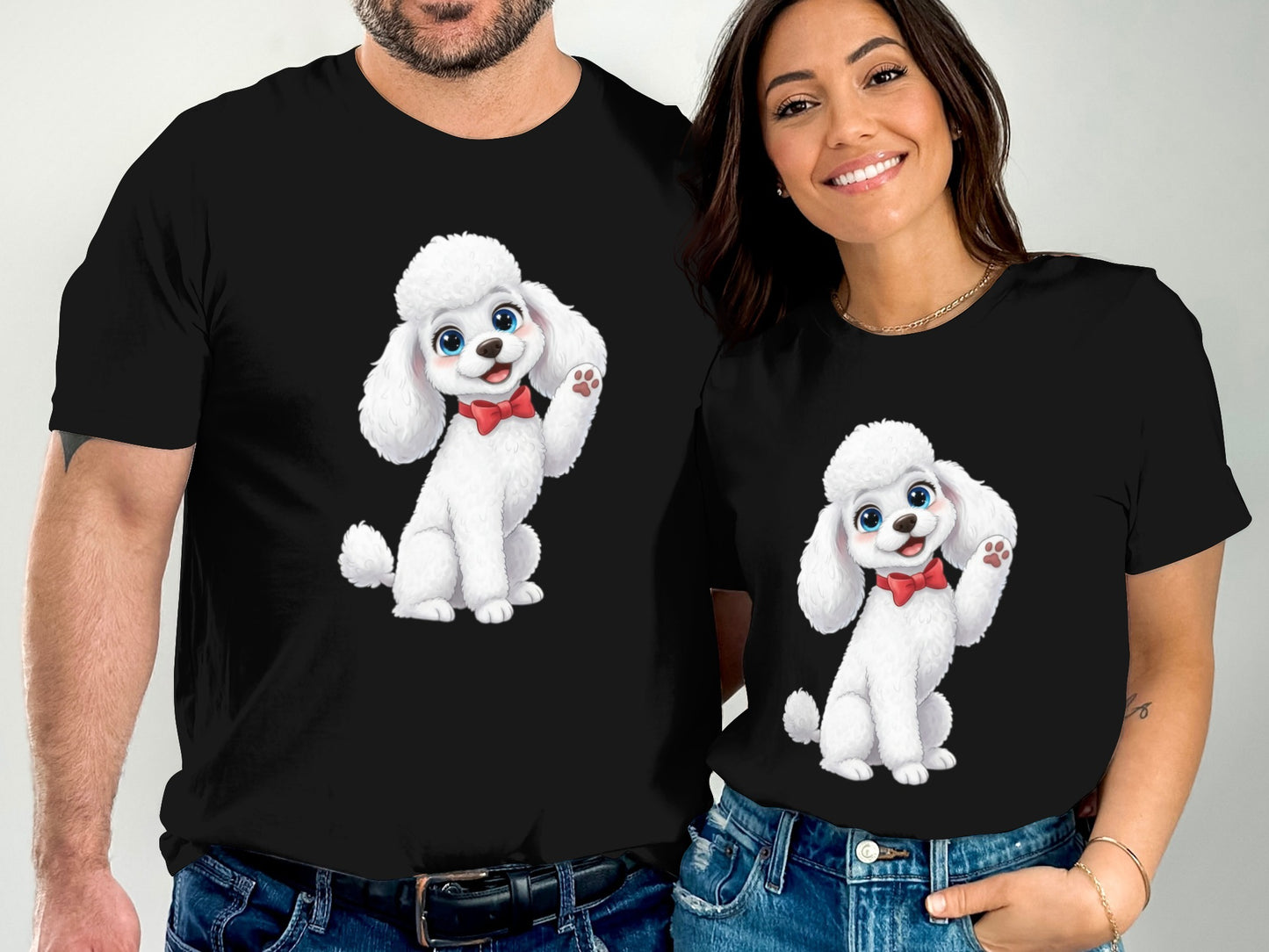 Cute White Poodle with Red Bow Matching Outfits